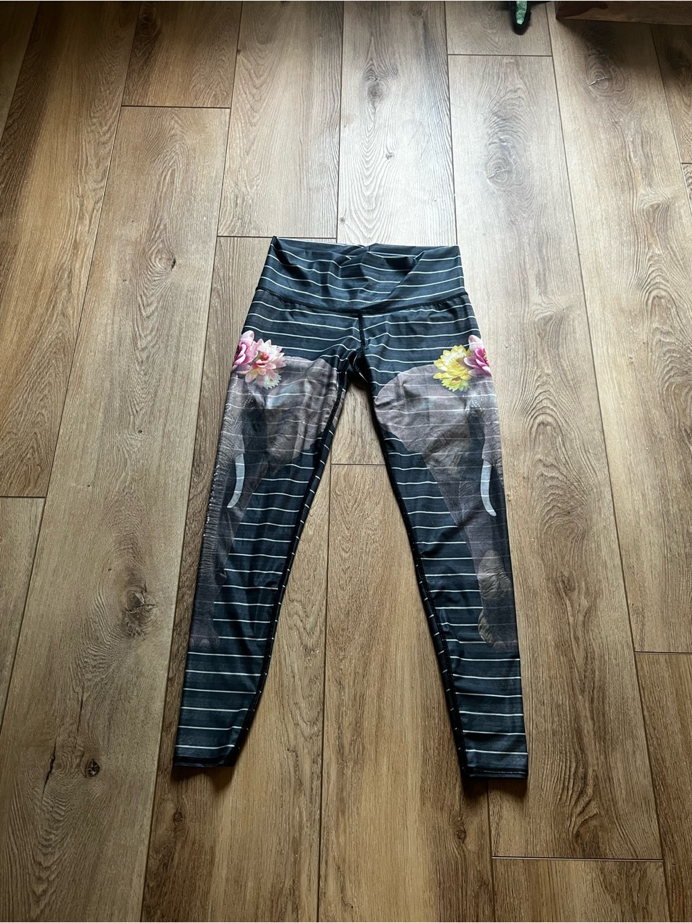 Black Striped Leggings with Floral Elephant Print